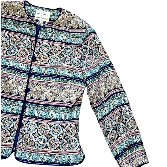 VINTAGE ADRIANNA PAPELL 100% SILK PASTEL PRINT BUTTON LINED BLAZER, SIZE 10 - Picture 2 of 8